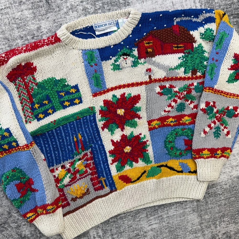 VTG Northern Isles Christmas Sweater Womens Large Crop Holiday Patchwork 90s